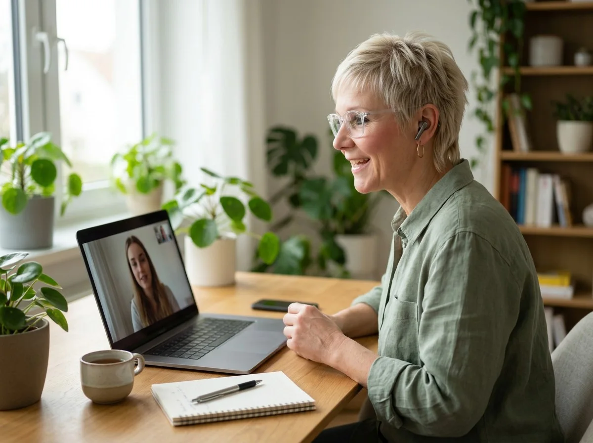 Verena Franke bei einem Online-Gespräch am Laptop