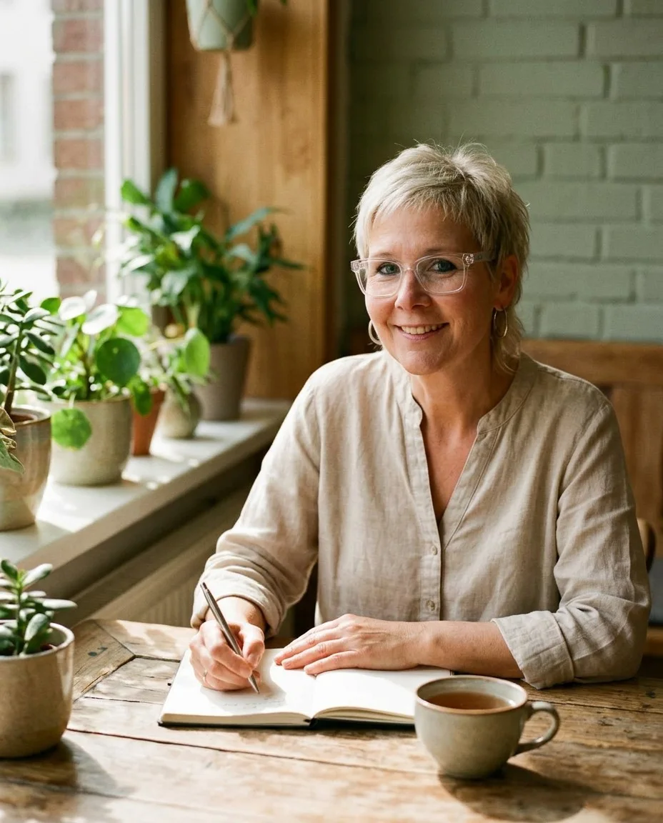 Verena Franke schreibt in ein Notizbuch